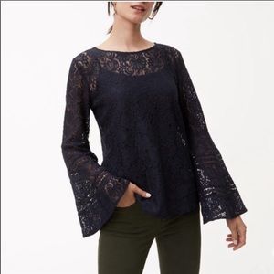 LOFT Navy Blue Lace Bell Sleeve Top